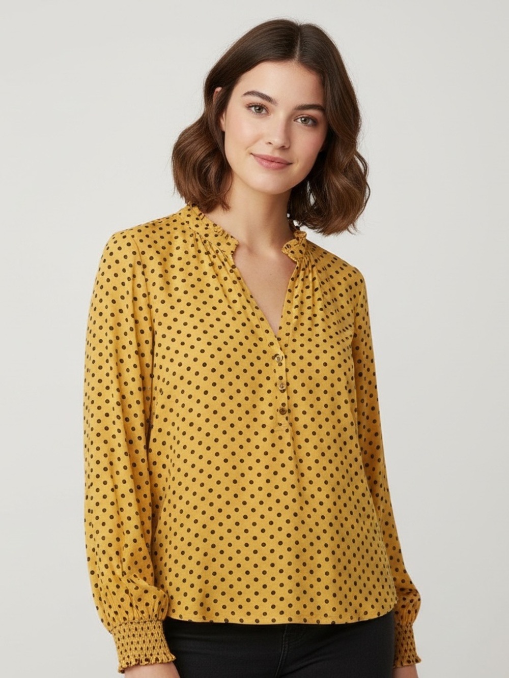 Maeve Women Long Sleeve Blouse Mustard Boho Polka Dot Sz S Career Classic Modern